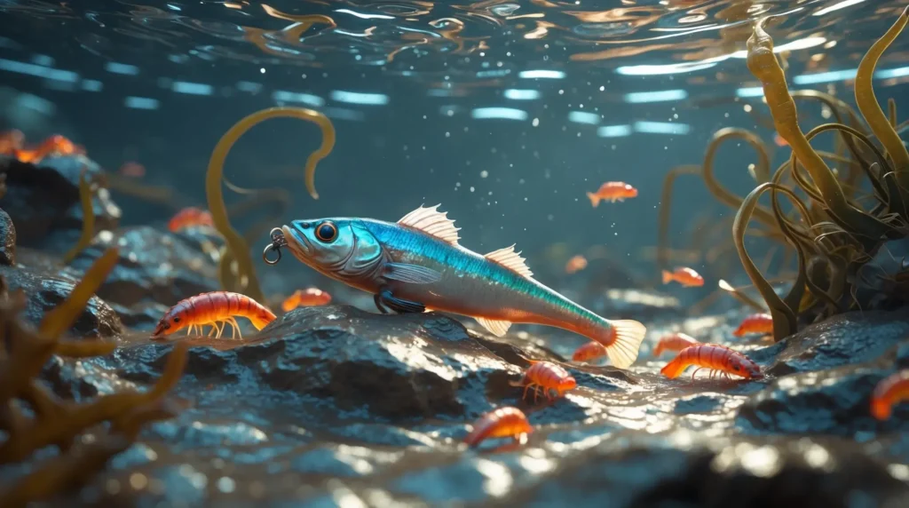 A jig lure sitting on a rocky bottom, surrounded by crawfish and baitfish.