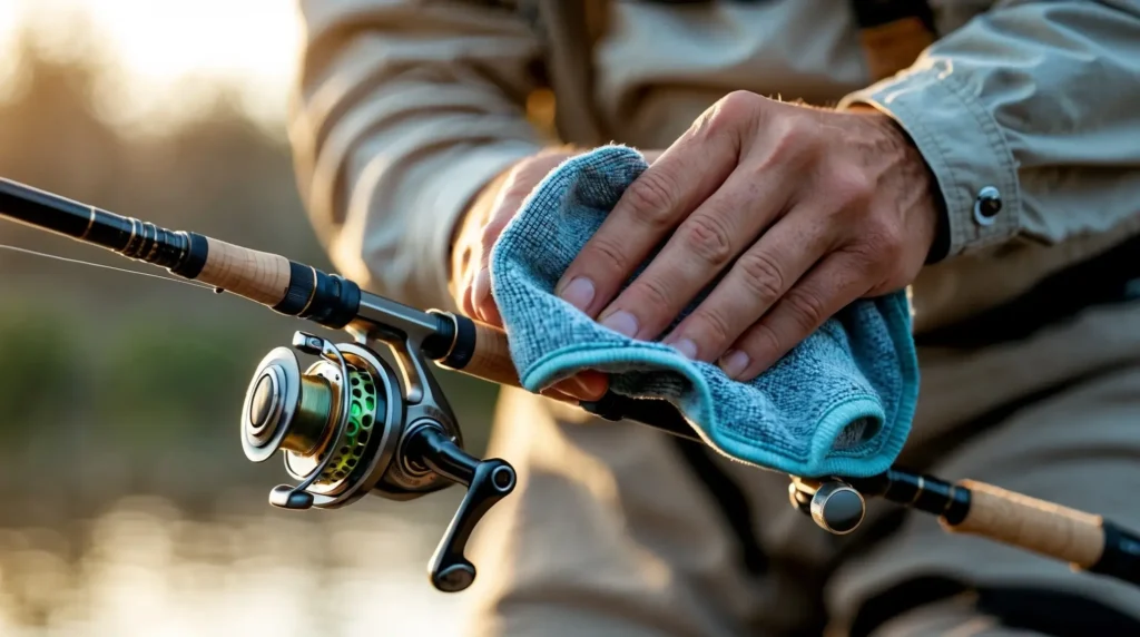 A fisherman cleaning and maintaining his fishing rod