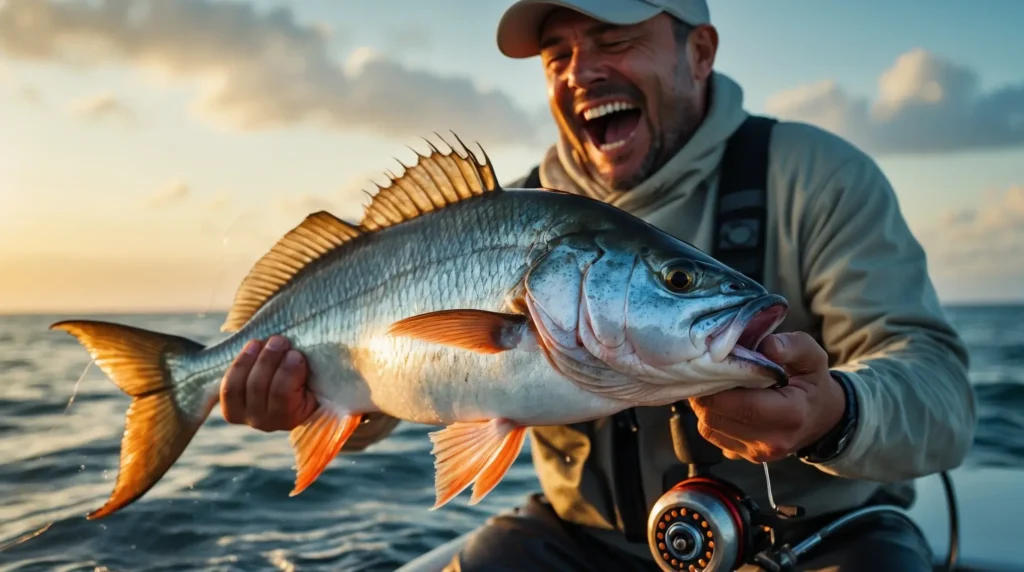 An experienced angler successfully reeling in a big catch at the perfect fishing tide.