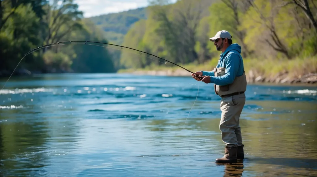 A beginner fisherman practicing his casting technique by a riverbank.
