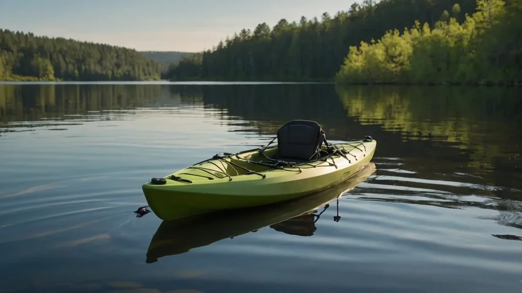 A simple fishing kayak floating on calm water with a fishing rod secured in a holder and a small tackle box on board. Soft sunlight reflects off the water, creating a peaceful scene.