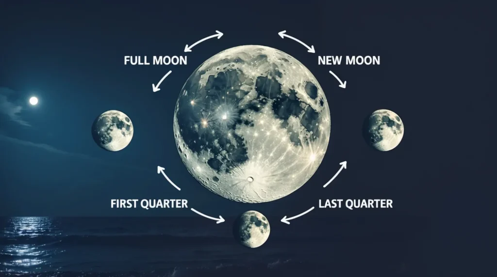 An illustrated moon phase cycle with indications of how each phase affects tides and fishing
