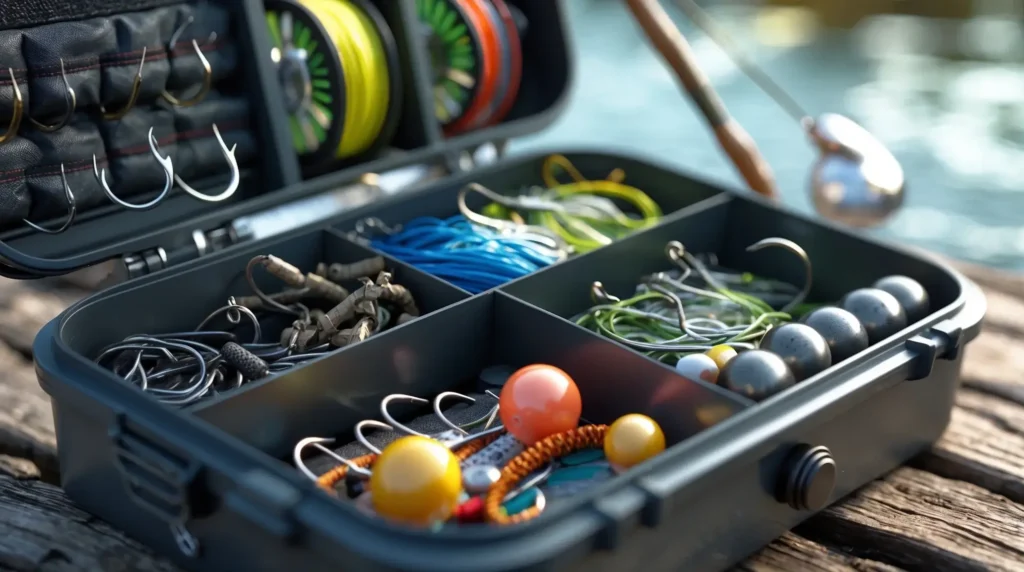A tackle box opens with fishing accessories inside.