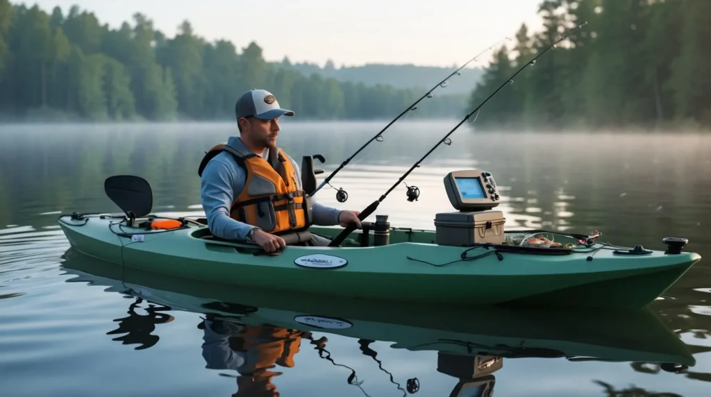 A fully equipped fishing kayak on calm water, featuring rod holders, a fish finder, and a secure tackle box.