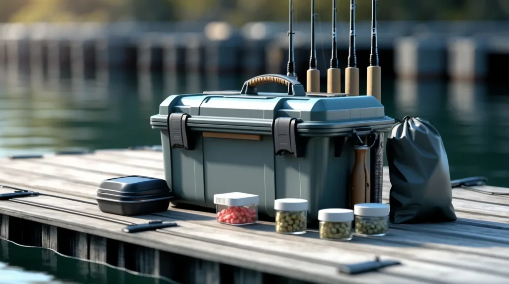 A well-organized fishing tackle box, rods, and bait neatly arranged for efficient fishing.