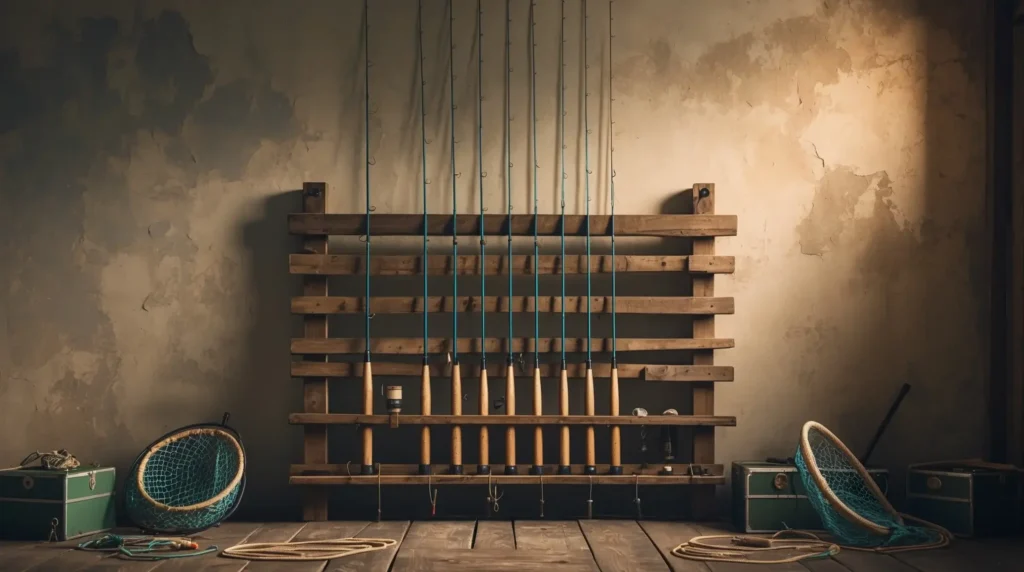 Fishing rods are neatly stored on a rack, preventing bending and damage.