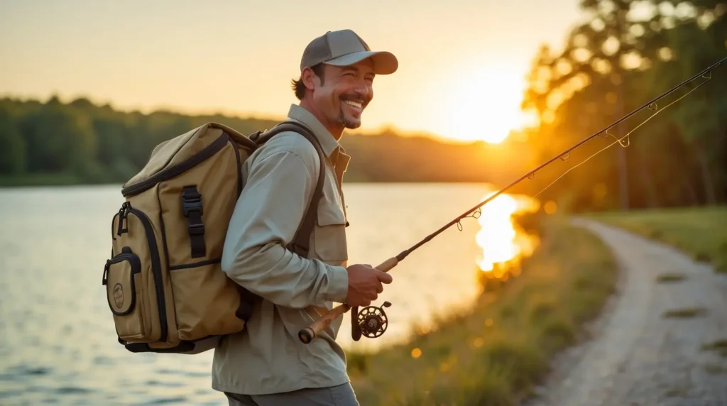 A smiling fisherman walking away with his gear, ready for his next trip.