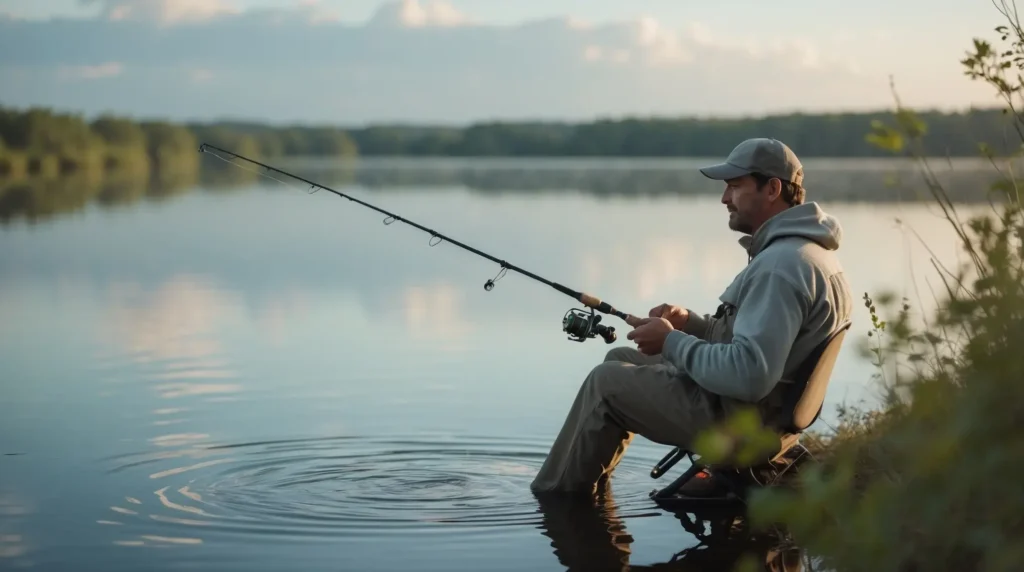 A fisherman is sitting by a peaceful lake, holding a fishing rod, enjoying a quiet moment surrounded by nature.