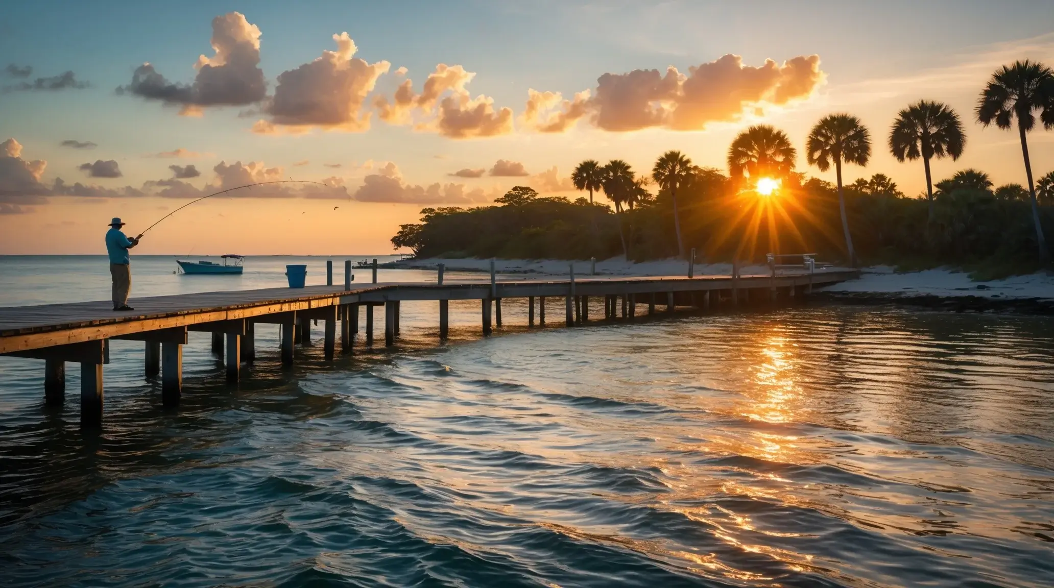 It is a beautiful sunrise over a Florida fishing spot, featuring a wooden pier, calm waters, and an angler casting a fishing line.