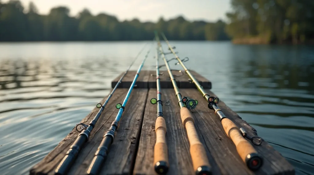 Three different fishing rods (spinning, baitcasting, and fly fishing) were placed side by side on a wooden dock.