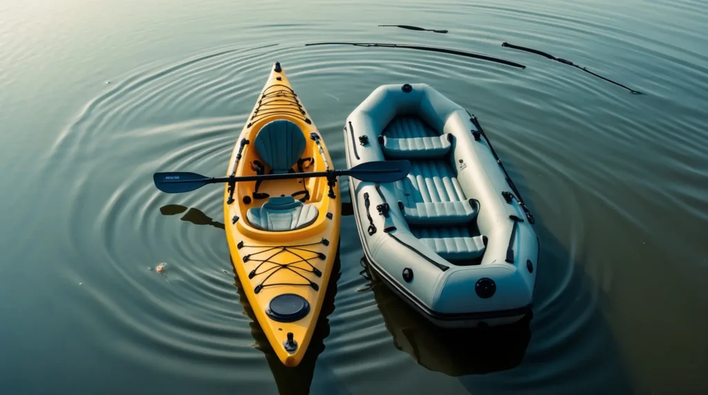A fishing kayak and an inflatable boat are floating side by side, comparing stability.