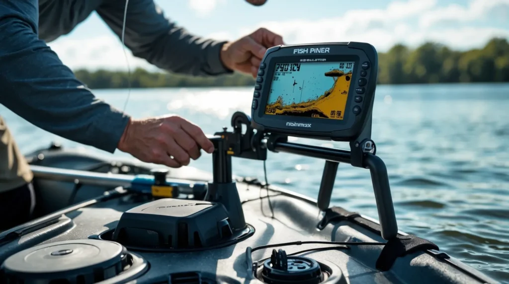 A kayak angler installing a fish finder display unit and securing transducer wires for an optimized fishing setup.