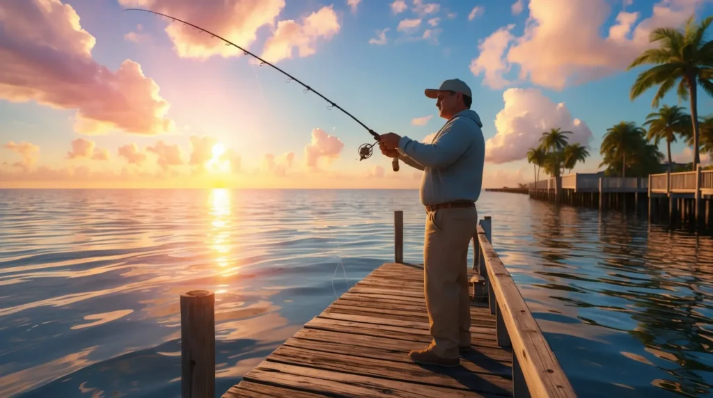 A fisherman casting a line at sunrise in one of the best fishing spots in Florida, with calm waters and a golden sky.