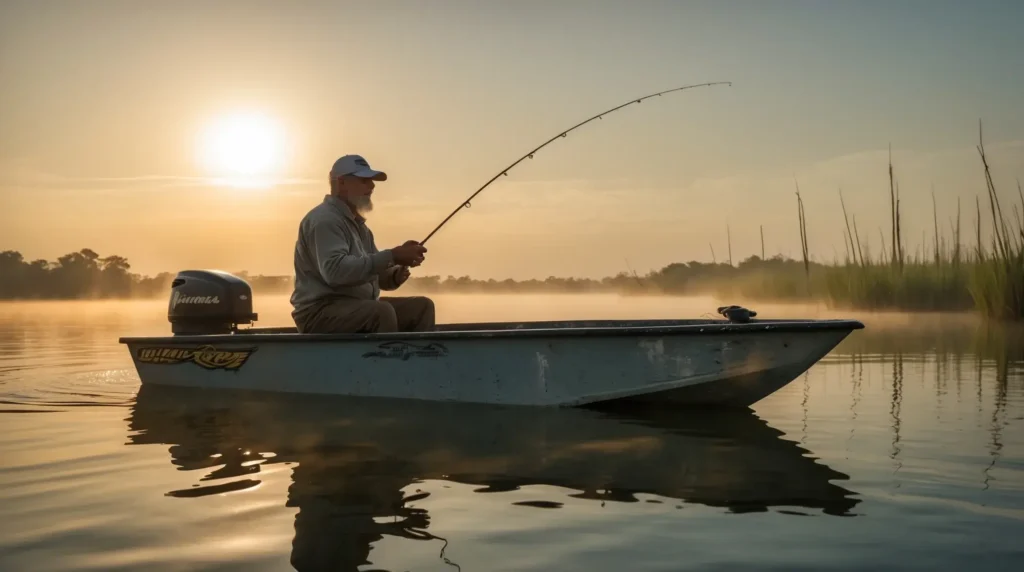 A fisherman cast his line on Lake Okeechobee at sunrise, one of Florida's best freshwater fishing lakes.