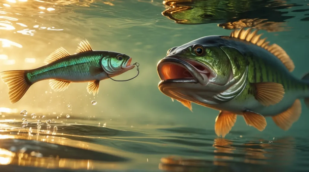 A large bass chasing a lifelike swimbait in open water