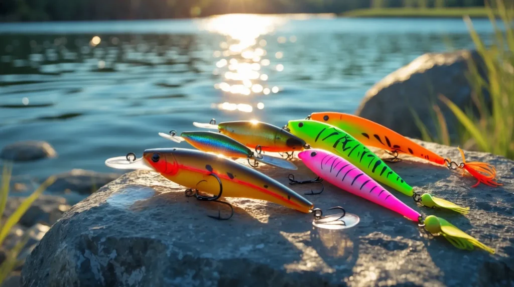 A variety of fishing lures displayed on a rock near a lake, representing different options for summer bass fishing