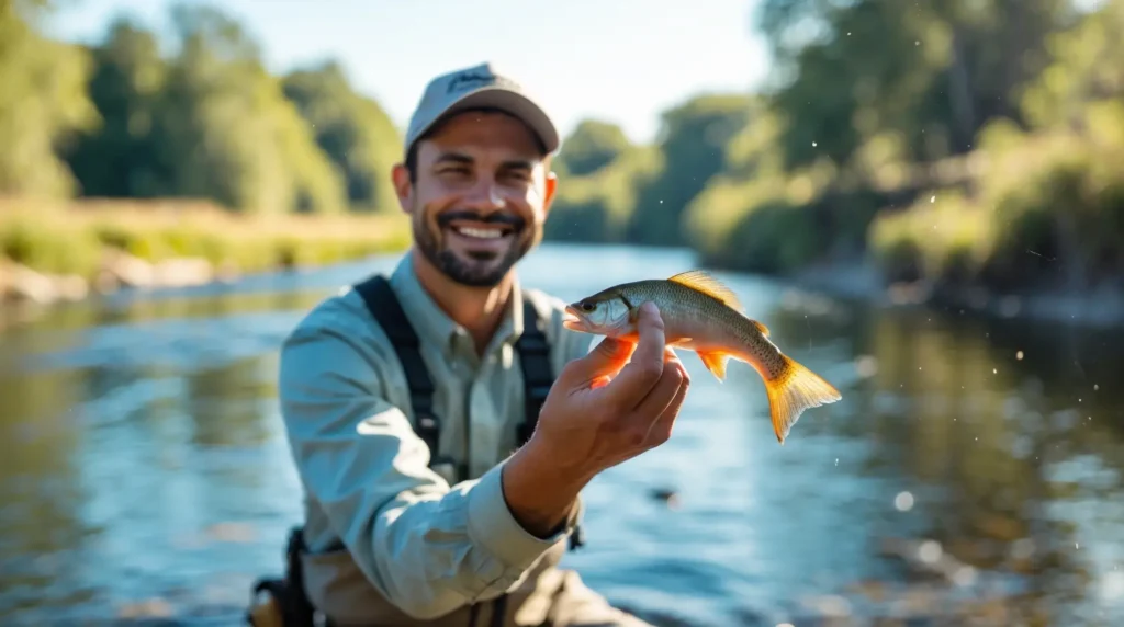 A smiling beginner fisherman holding up a small fish by a riverside.