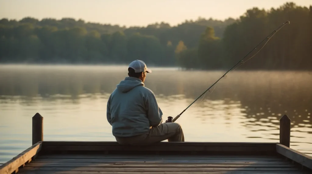 A fisherman is sitting on a lakeside dock, peacefully enjoying the moment.