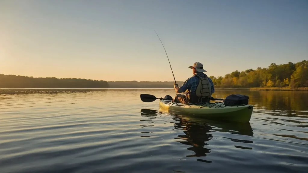 A beginner kayak angler casting a line in calm waters, using organized gear and a stable fishing kayak.