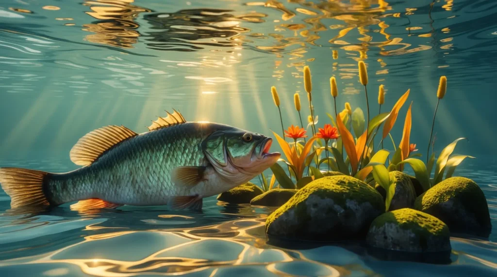 A deep-water view showing bass hiding near submerged rocks and vegetation to escape the summer heat