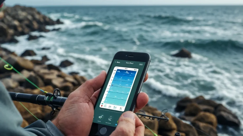 A fisherman is checking a tide chart app on his phone while standing on a rocky shore.