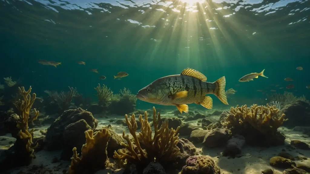 A largemouth bass is swimming underwater among rocks and vegetation, illuminated by sun rays penetrating the surface.