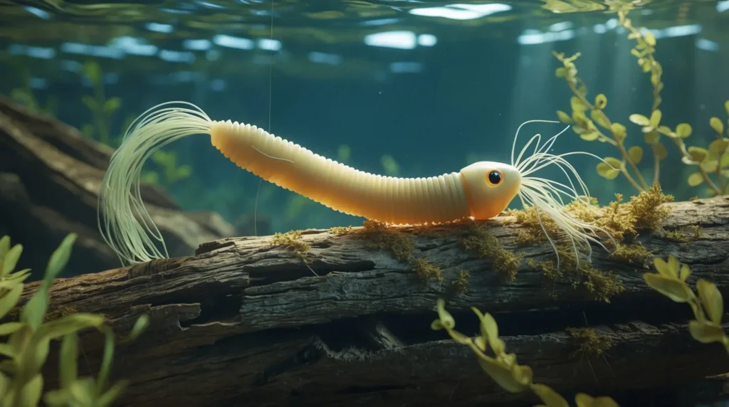 A soft plastic worm lure resting on an underwater log, imitating real bait.